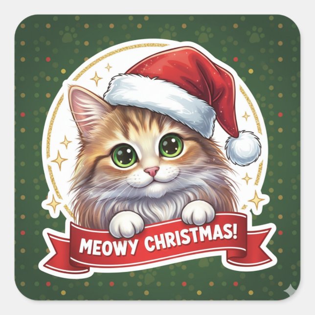 Adesivo Quadrado Meowy Christmas Peekaboo Cat Sticker – for kids  (Frente)