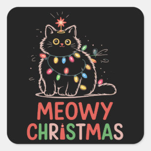 Adesivo Quadrado Meowy Natal Luzes de Natal Pijama de Gato Preto