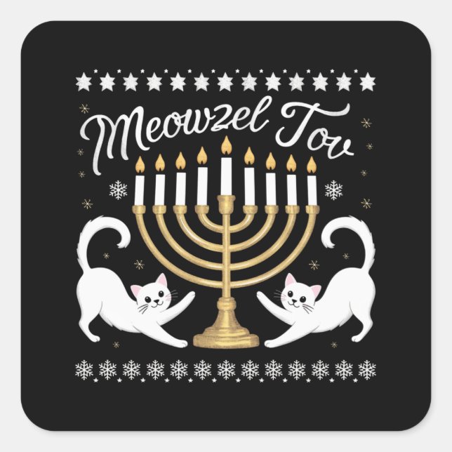 Adesivo Quadrado Meowzel Tov Funny Chanukah Hanukkah (Frente)