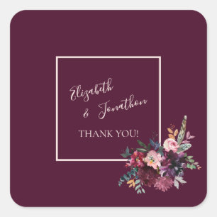 Adesivo Quadrado Merlot Burgundy Floral Weding Obrigado