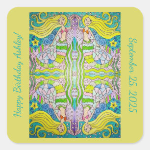 Adesivo Quadrado Mermaid Happy Birthday
