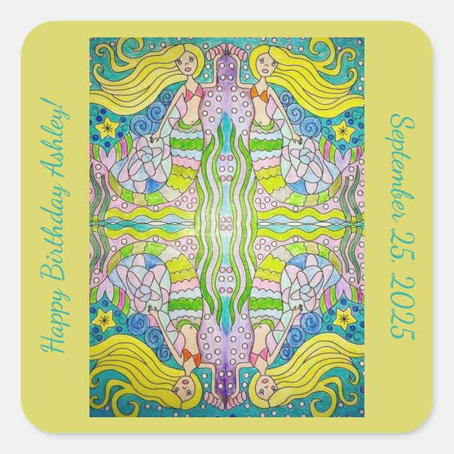 Adesivo Quadrado Mermaid Happy Birthday (Frente)