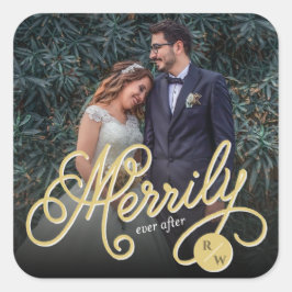 Adesivo Quadrado Merrily Nunca Após Dourado Casamento Fotográfico C