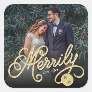 Adesivo Quadrado Merrily Nunca Após Dourado Casamento Fotográfico C