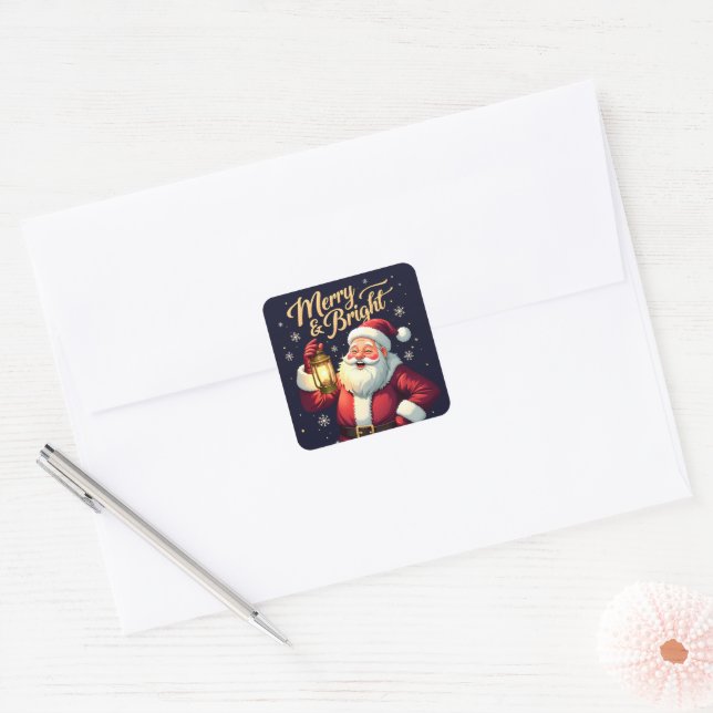 Adesivo Quadrado Merry Bright Santa Holding Lantern Illustration (Envelope)