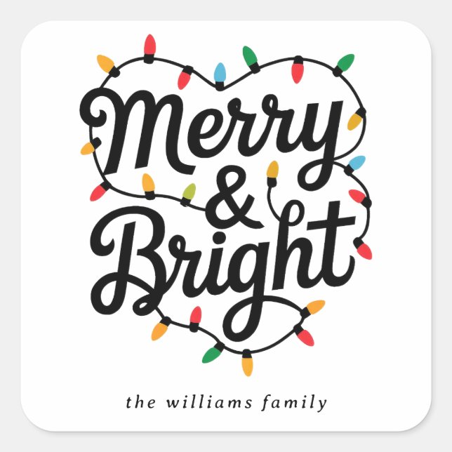 Adesivo Quadrado Merry & Bright Script Festive String Light Holiday (Frente)