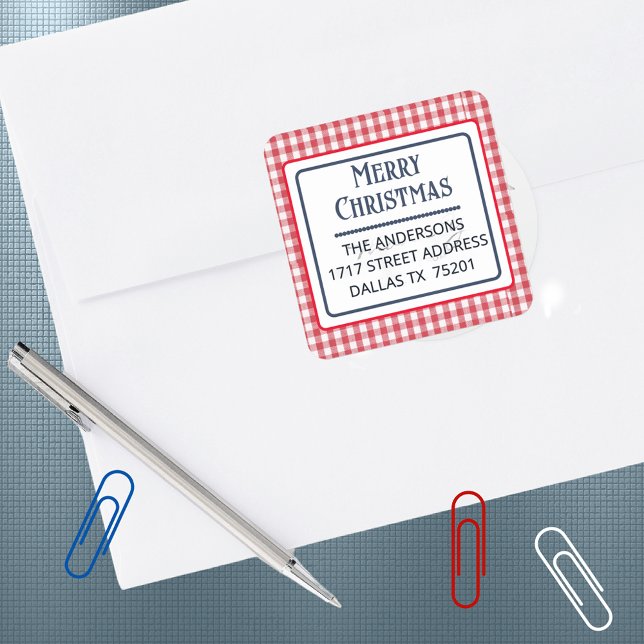 Adesivo Quadrado Merry Christmas 1.5" Address Gingham Sticker (Criador carregado)