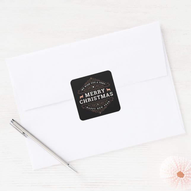 Adesivo Quadrado Merry Christmas & a Happy New Year Black Name (Envelope)