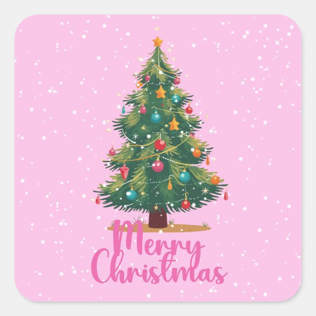 Adesivo Quadrado Merry Christmas, Christmas Tree, Holiday, Pink (Frente)
