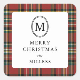 Adesivo Quadrado Merry Christmas Classic Red Plaid Monogram