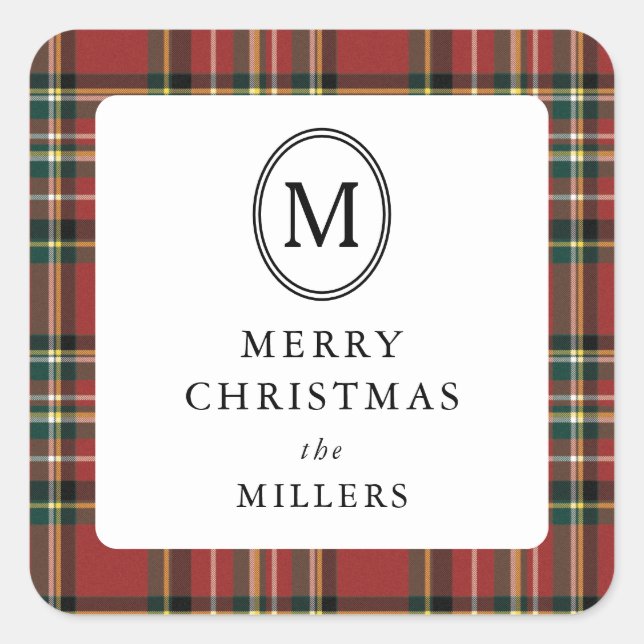 Adesivo Quadrado Merry Christmas Classic Red Plaid Monogram (Frente)