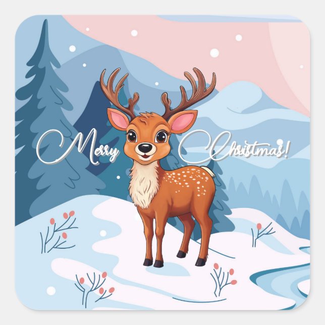 Adesivo Quadrado Merry Christmas Cute Cartoon Reindeer in winter  (Frente)