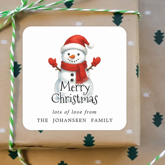 Adesivo Quadrado Merry Christmas Cute Snowman Black Typography (Criador carregado)