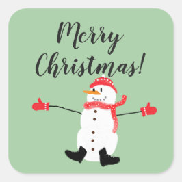 Adesivo Quadrado Merry Christmas Cute Snowman on Sage Green