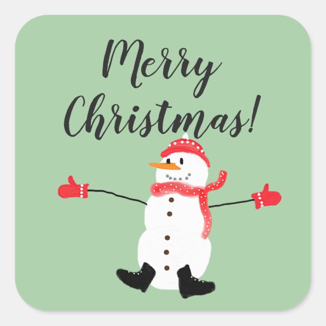 Adesivo Quadrado Merry Christmas Cute Snowman on Sage Green (Frente)