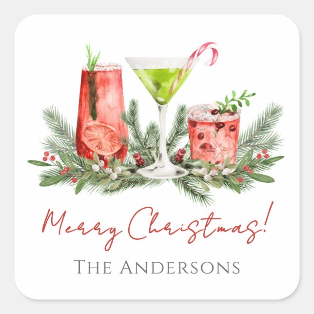 Adesivo Quadrado Merry Christmas Festive Cocktails Holiday (Frente)