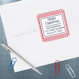 Adesivo Quadrado Merry Christmas Gingham Plaid 1.5" Address Sticker