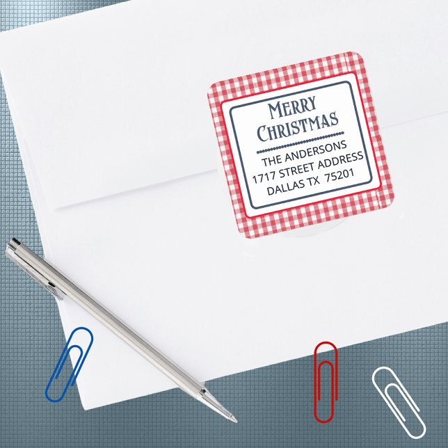 Adesivo Quadrado Merry Christmas Gingham Plaid 1.5" Address Sticker (Criador carregado)