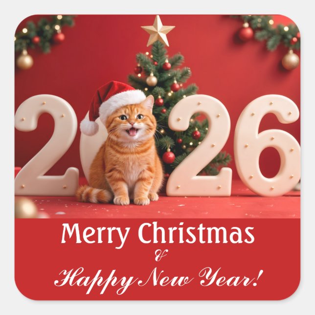 Adesivo Quadrado Merry Christmas & Happy New Year, Red Santa Cat (Frente)