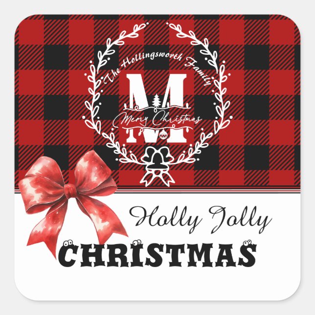 Adesivo Quadrado Merry Christmas Monogram Wreath Buffalo Plaid (Frente)