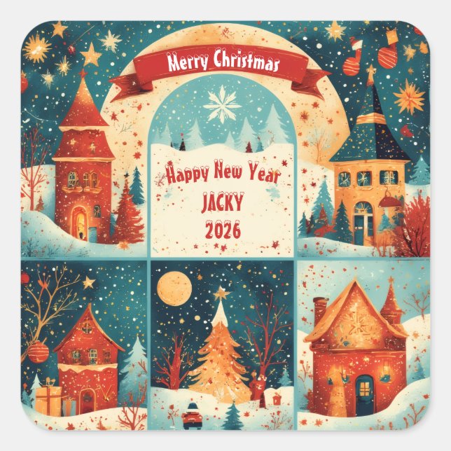 Adesivo Quadrado Merry Christmas New Year 2026 (Frente)
