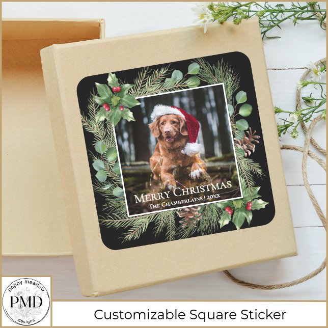 Adesivo Quadrado Merry Christmas Pet Photo Wreath Botanical (Merry Christmas Pet Photo Wreath Botanical Square Sticker with Your Photo, Name, Year.)