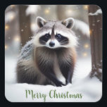 Adesivo Quadrado Merry Christmas Raccoon<br><div class="desc">Estes adesivos apresentam um guaxinim fofo em uma Floresta mágica. O texto pode ser alterado ou eliminado de acordo com as suas necessidades.</div>