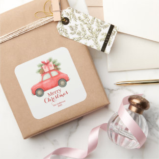 Adesivo Quadrado Merry Christmas Red Car – Personalized Holiday 