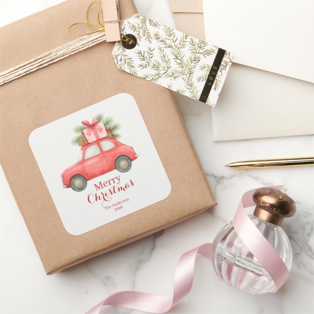 Adesivo Quadrado Merry Christmas Red Car – Personalized Holiday  (Presentear)