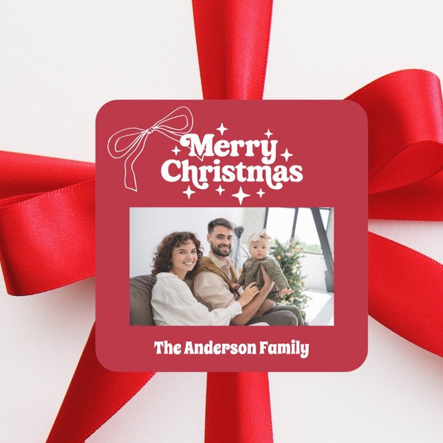 Adesivo Quadrado Merry Christmas red hand-drawn bow retro photo (Criador carregado)