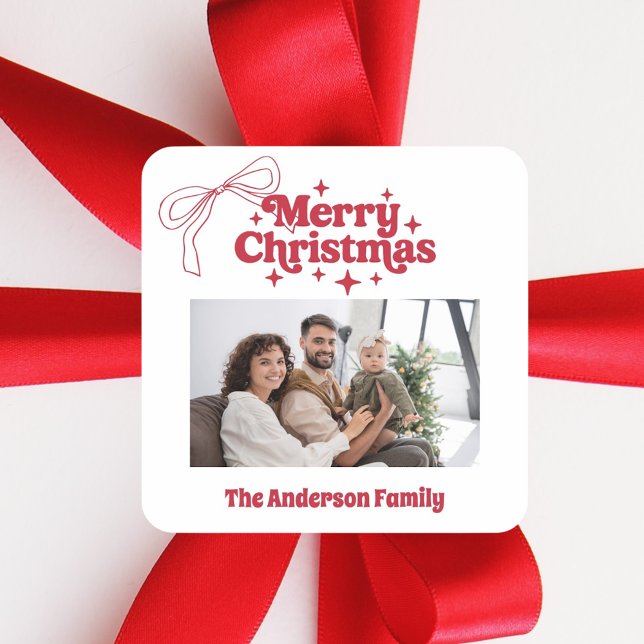 Adesivo Quadrado Merry Christmas red hand-drawn bow retro photo (Criador carregado)