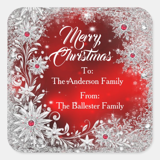 Adesivo Quadrado Merry Christmas Red White snowflakes red gems  (Frente)