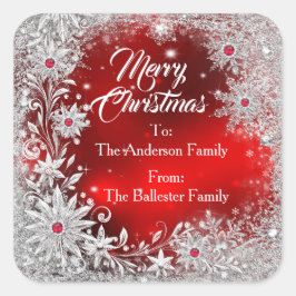 Adesivo Quadrado Merry Christmas Red White snowflakes red gems 