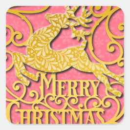 Adesivo Quadrado Merry Christmas Reindeer Silhouettes Snowflake