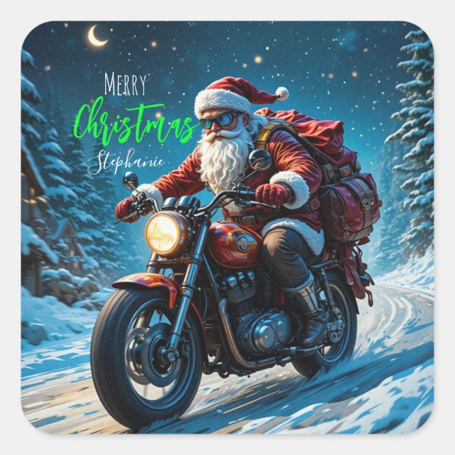 Adesivo Quadrado Merry Christmas Santa Clause On Motorcycle (Frente)