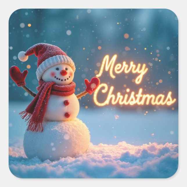Adesivo Quadrado Merry Christmas Snowman with Neon Sign (Frente)