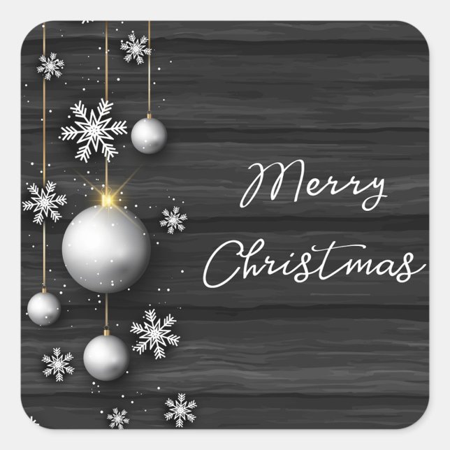 Adesivo Quadrado Merry Christmas Sticker (A square Christmas sticker features a dark gray wood-grain background with horizontal lines.)