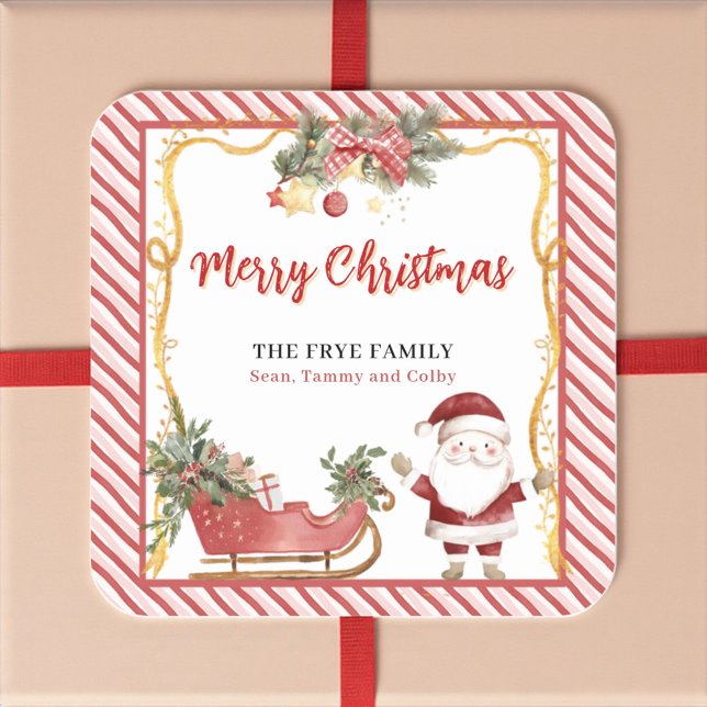 Adesivo Quadrado Merry Christmas Stickers Santa Sleigh Custom Label (Watercolor Santa Christmas sticker for gifts and packaging)