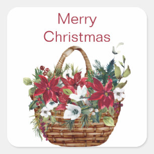 Adesivo Quadrado Merry Christmas Watercolor Poinsettia Floral