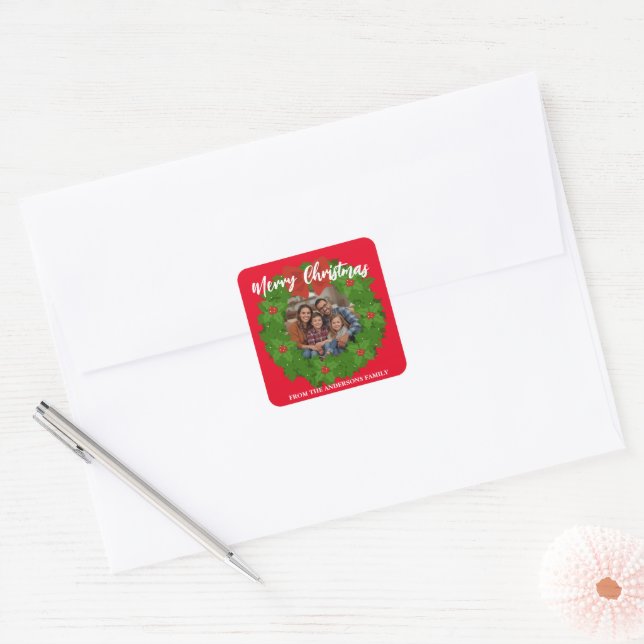 Adesivo Quadrado Merry Christmas Wreath Photo Family Name (Envelope)