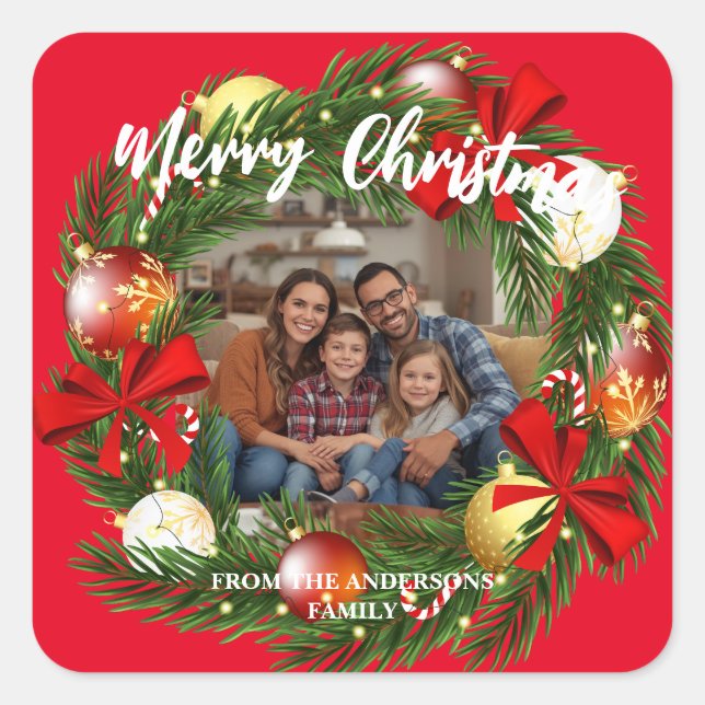 Adesivo Quadrado Merry Christmas Wreath Photo Personalized Family N (Frente)