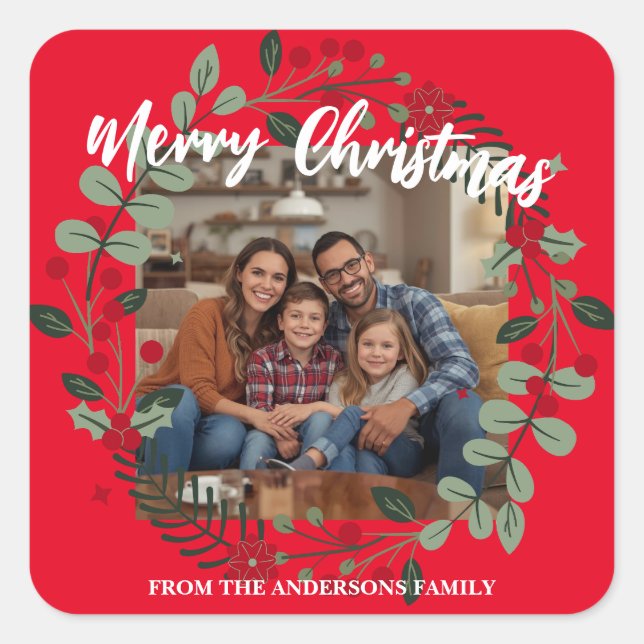 Adesivo Quadrado Merry Christmas Wreath Photo Personalized Family N (Frente)