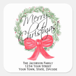 Adesivo Quadrado Merry Christmas Wreath Return Address ou Gift Tag