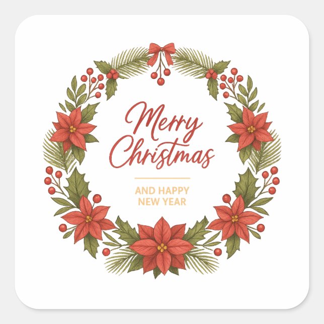 Adesivo Quadrado Merry Christmas Wreath Sticker – Holiday  (Frente)