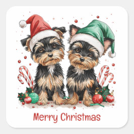 Adesivo Quadrado Merry Christmas Yorkshire Terrier Dogs