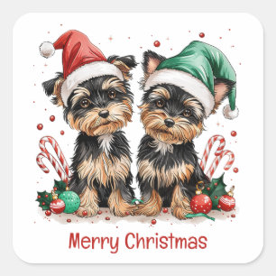 Adesivo Quadrado Merry Christmas Yorkshire Terrier Dogs