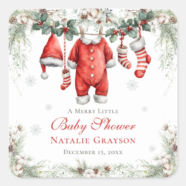 Adesivo Quadrado Merry Little Baby Shower Santa Clothesline (Frente)