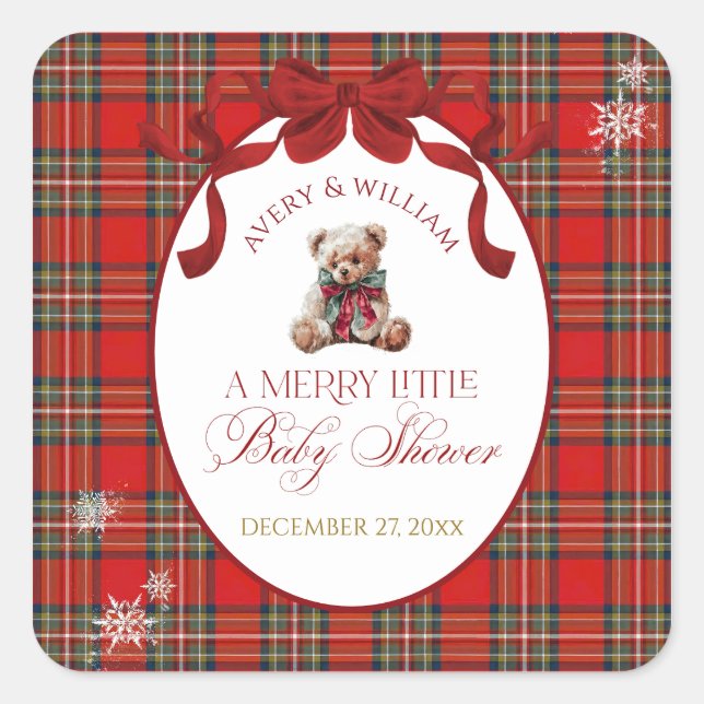 Adesivo Quadrado Merry Little Red Bow Christmas Plaid  (Frente)