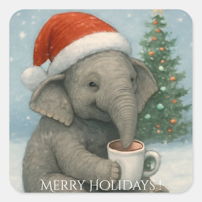 Adesivo Quadrado Merry Moments with a Cocoa-Loving Elephant Holiday (Frente)