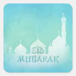 Adesivo Quadrado Mesquita de Eid Mubarak Blue Watercolor - Sticker